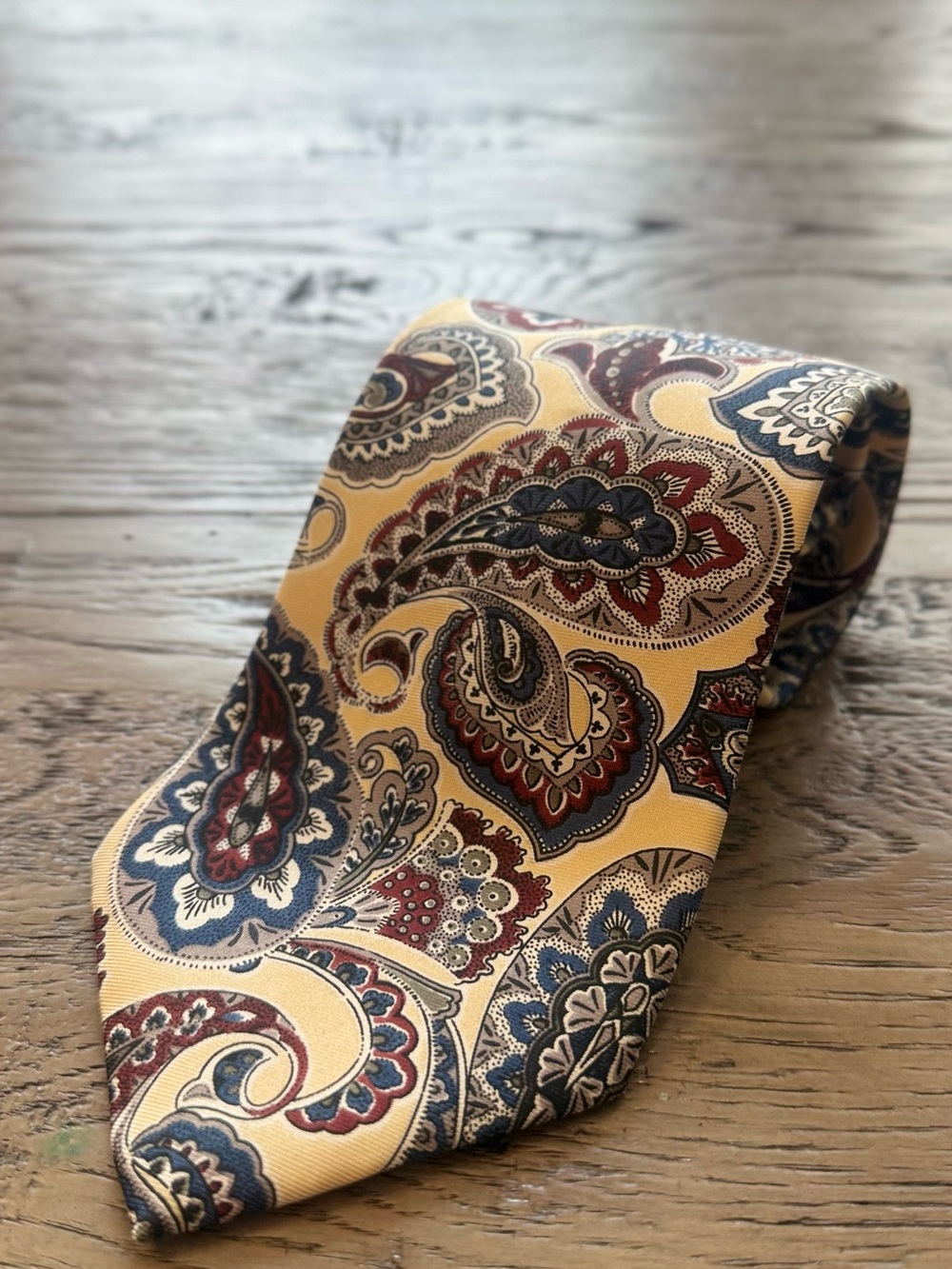 Dior Yellow Silk Paisley Tie with Navy and Burgundy Accents